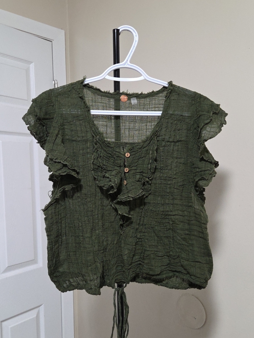 Free People Olive Ruffle Button Front Blouse